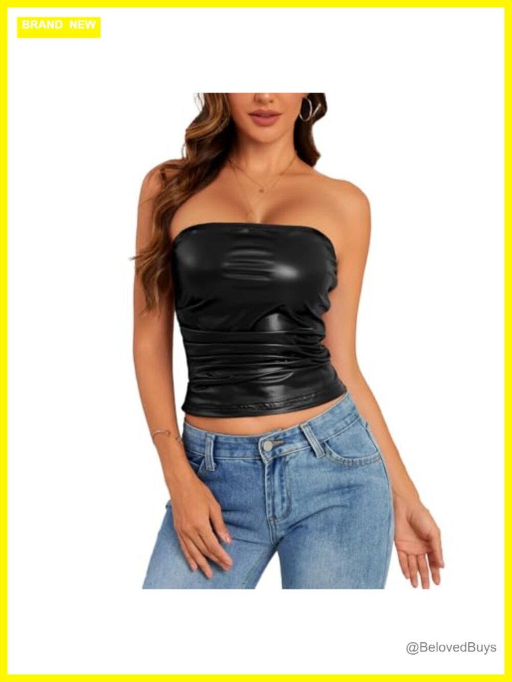 Women's PU Leather Tube Top Strapless Ruched Tank Sleeveless Bodycon Going Out